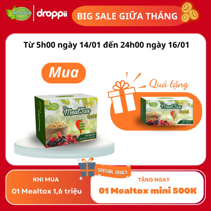 Hộp 30 gói Sản phẩm giảm cân, giảm béo, thải độc, giảm mỡ máu, cân bằng huyết áp, làm sạch đường tiêu hoá TH-Mealtox gold (Malaysia)